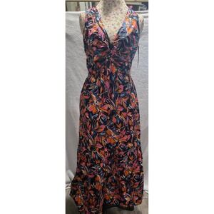New Floral V-Neck Twist Front Tiered Maxi Dress Cotton Sleeveless Sz M